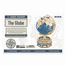 Front of package of the Robotime Globe Super Size, mechanical wooden model kit of a big globe