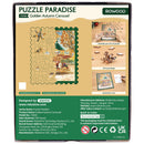 Back of package of the Robotime Golden Autumn Carousel, puzzle with pieces of unusual shape, depicting a vintage carousel on a snowy autumn day