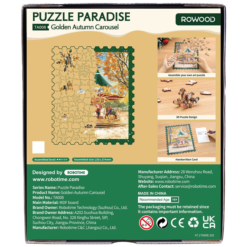 Back of package of the Robotime Golden Autumn Carousel, puzzle with pieces of unusual shape, depicting a vintage carousel on a snowy autumn day