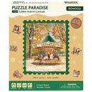 Front of package of the Robotime Golden Autumn Carousel, puzzle with pieces of unusual shape, depicting a vintage carousel on a snowy autumn day