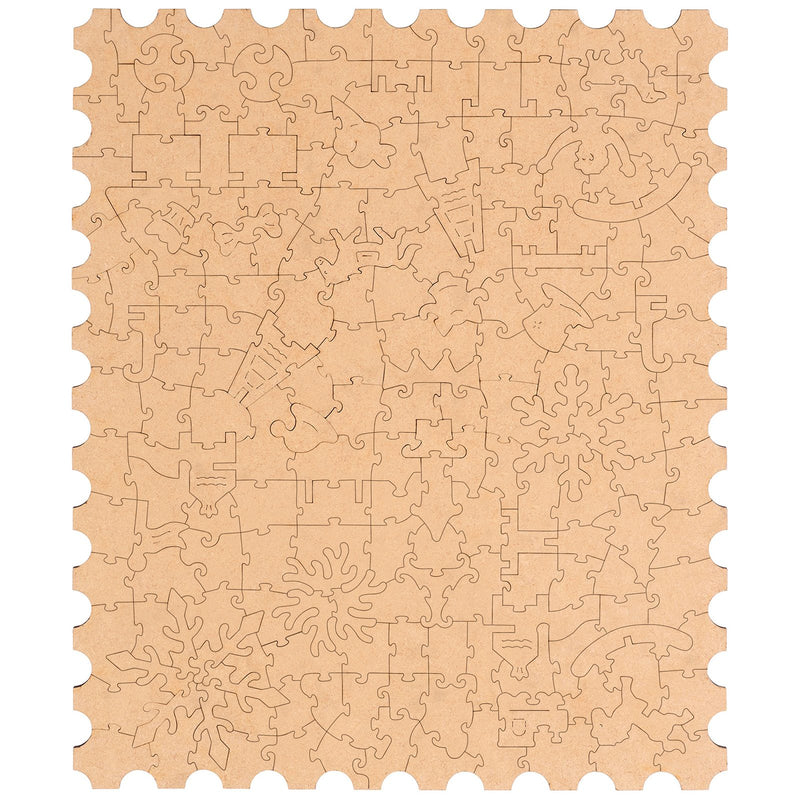 Backside of the Robotime Golden Autumn Carousel, puzzle with pieces of unusual shape, depicting a vintage carousel on a snowy autumn day