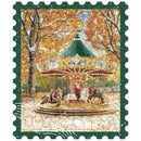 Product photo of the Robotime Golden Autumn Carousel, puzzle with pieces of unusual shape, depicting a vintage carousel on a snowy autumn day