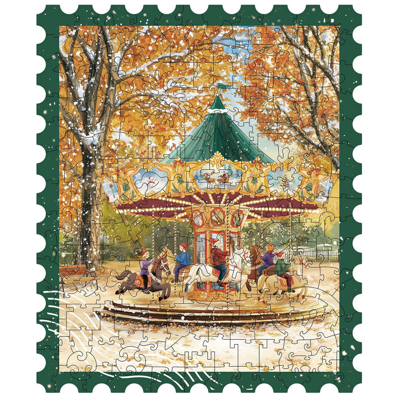 Product photo of the Robotime Golden Autumn Carousel, puzzle with pieces of unusual shape, depicting a vintage carousel on a snowy autumn day