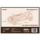 Back of package of the Robotime Grand Prix Car, wooden construction kit of a vintage racing car with open roof