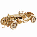 Product photo of the Robotime Grand Prix Car, wooden construction kit of a vintage racing car with open roof