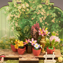 Plants and flowers in pots and vases in the Robotime Green Fountain Garden