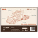 Back of package of the Robotime Heavy Truck, wooden construction kit of an American-style truck