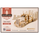 Front of package of the Robotime Heavy Truck, wooden construction kit of an American-style truck