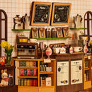 The bar behind the counter of the café in the Robotime Holiday Café