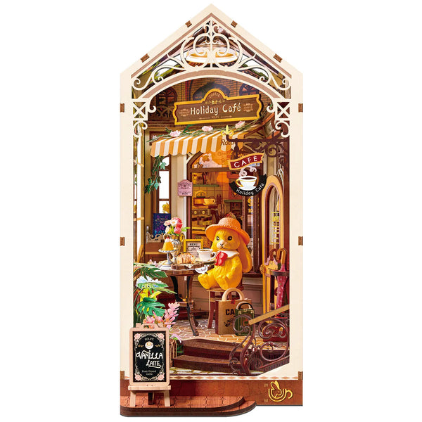 Product photo of the Robotime Holiday Café, book nook wooden construction kit for a terrace at a covered café