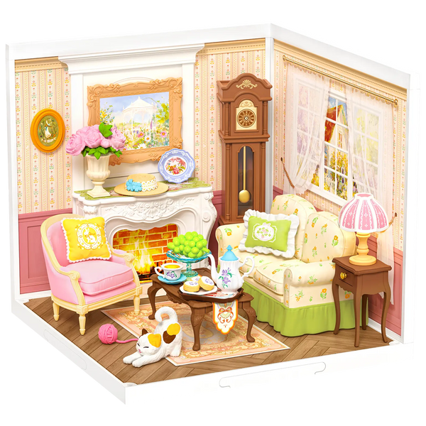 Product photo of the Robotime Holiday Tea Time, plastic miniature living room where a cozy tea moment takes place