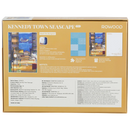 Back of package of the Robotime Kennedy Town Seascape, 1,000-piece jigsaw puzzle of a street in a harbor village with boats in the background