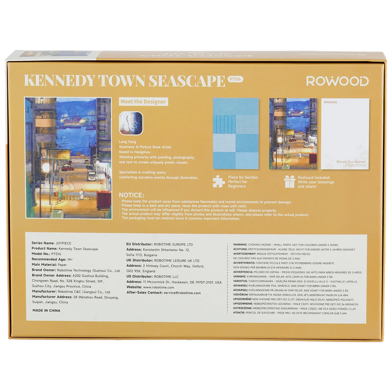 Back of package of the Robotime Kennedy Town Seascape, 1,000-piece jigsaw puzzle of a street in a harbor village with boats in the background
