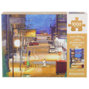 Front of package of the Robotime Kennedy Town Seascape, 1,000-piece jigsaw puzzle of a street in a harbor village with boats in the background