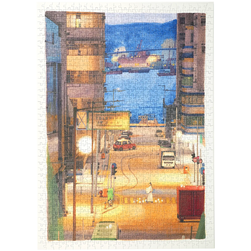 Product photo of the Robotime Kennedy Town Seascape, 1,000-piece jigsaw puzzle of a street in a harbor village with boats in the background
