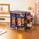 Atmospheric presentation of the Robotime Leisure Time Tea Room, miniature house modeled after an old-fashioned tea room with a facade that opens