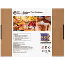 Back of package of the Robotime Leisure Time Tea Room, miniature house modeled after an old-fashioned tea room with a facade that opens