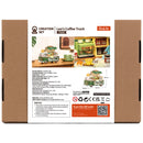 Back of package of the Robotime Leo’s Coffee Truck, wooden construction kit for a mobile, green coffee stand in a van