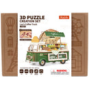 Front of package of the Robotime Leo’s Coffee Truck, wooden construction kit for a mobile, green coffee stand in a van