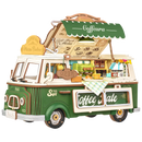 Product photo of the Robotime Leo’s Coffee Truck, wooden construction kit for a mobile, green coffee stand in a van