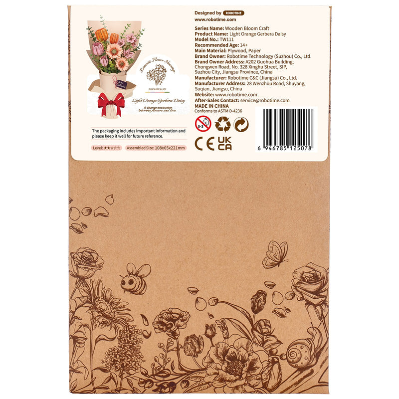Back of package of the Robotime Light Orange Gerbera, wooden construction set of a light orange gerbera flower