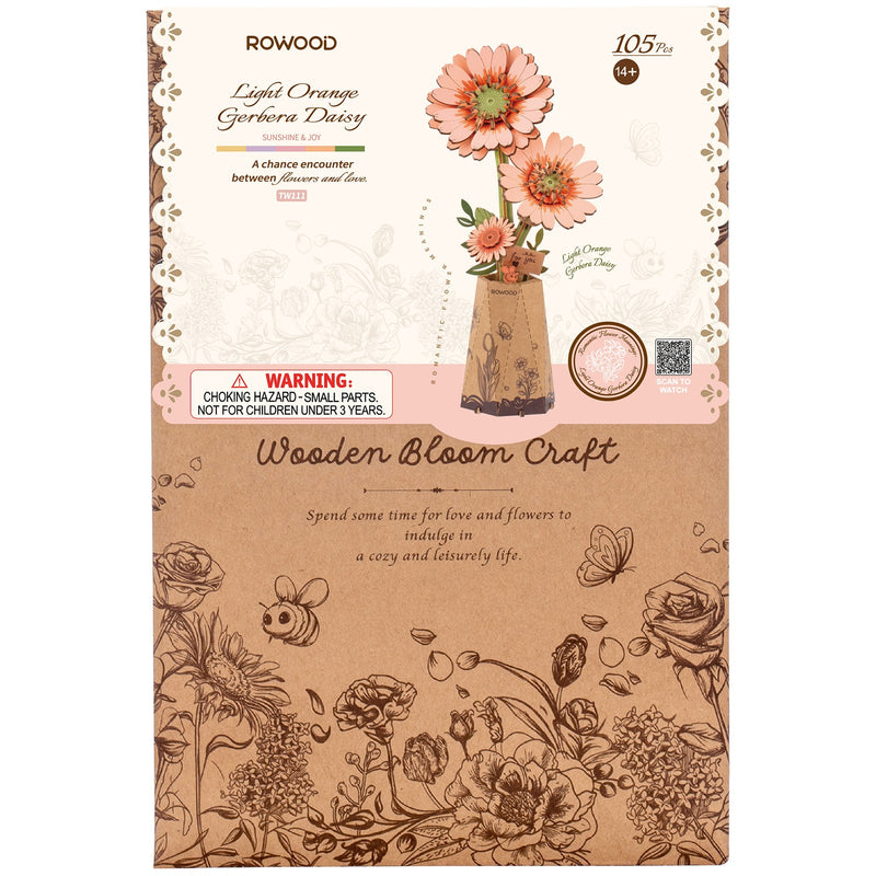 Front of package of the Robotime Light Orange Gerbera, wooden construction set of a light orange gerbera flower