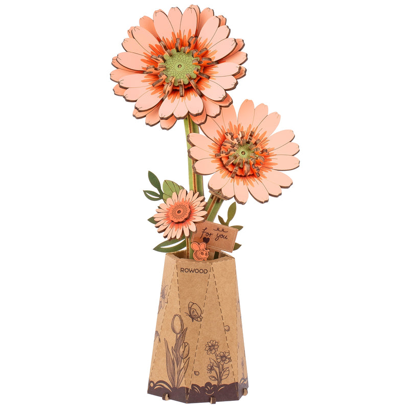 Product photo of the Robotime Light Orange Gerbera, wooden construction set of a light orange gerbera flower