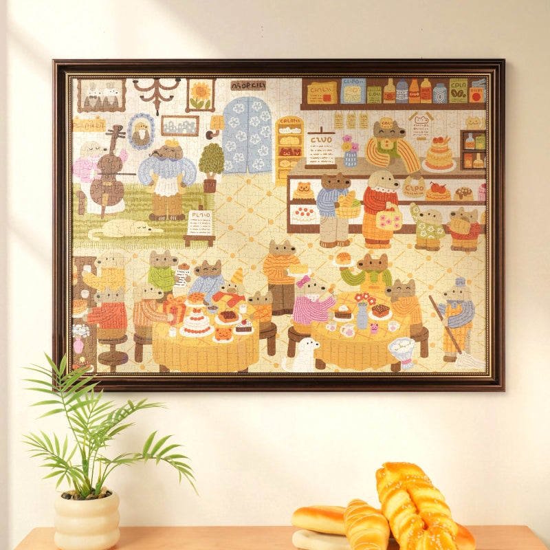 Atmospheric presentation of the Robotime Lively Puppies’ Bakery, 1,000-piece jigsaw puzzle of a cozy bakery with anthropomorphic shopping dogs