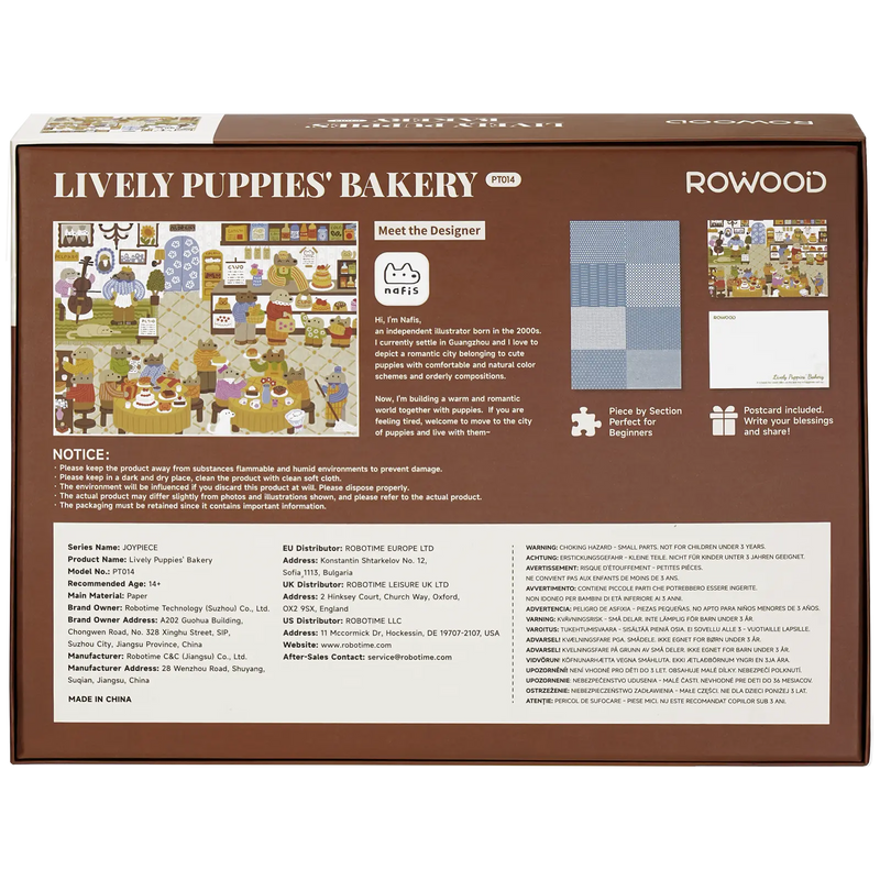 Back of package of the Robotime Lively Puppies’ Bakery, 1,000-piece jigsaw puzzle of a cozy bakery with anthropomorphic shopping dogs