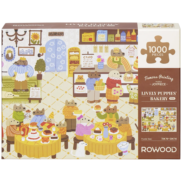 Front of package of the Robotime Lively Puppies’ Bakery, 1,000-piece jigsaw puzzle of a cozy bakery with anthropomorphic shopping dogs