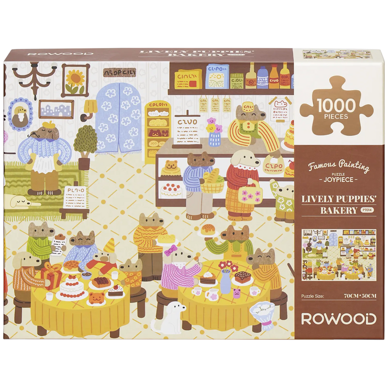 Front of package of the Robotime Lively Puppies’ Bakery, 1,000-piece jigsaw puzzle of a cozy bakery with anthropomorphic shopping dogs