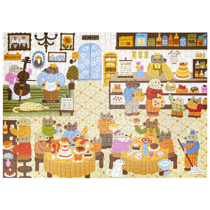 Product photo of the Robotime Lively Puppies’ Bakery, 1,000-piece jigsaw puzzle of a cozy bakery with anthropomorphic shopping dogs