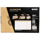 Back of package of the Robotime Locomotive, wooden model kit of a mechanical, moving steam locomotive