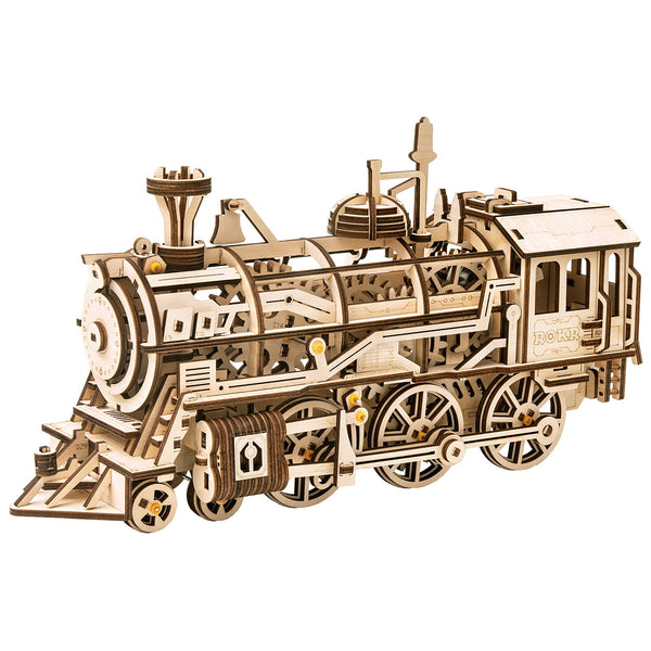 Product photo of the Robotime Locomotive, wooden model kit of a mechanical, moving steam locomotive
