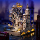 Atmospheric presentation of the Robotime London Sightseeing Walk, wooden construction kit for a marble run with a London landmarks theme