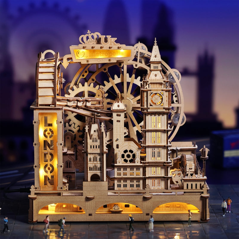 Side view of the Robotime London Sightseeing Walk, with the Big Ben and Tower Bridge in clear view