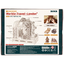 Back of package of the Robotime London Sightseeing Walk, wooden construction kit for a marble run with a London landmarks theme