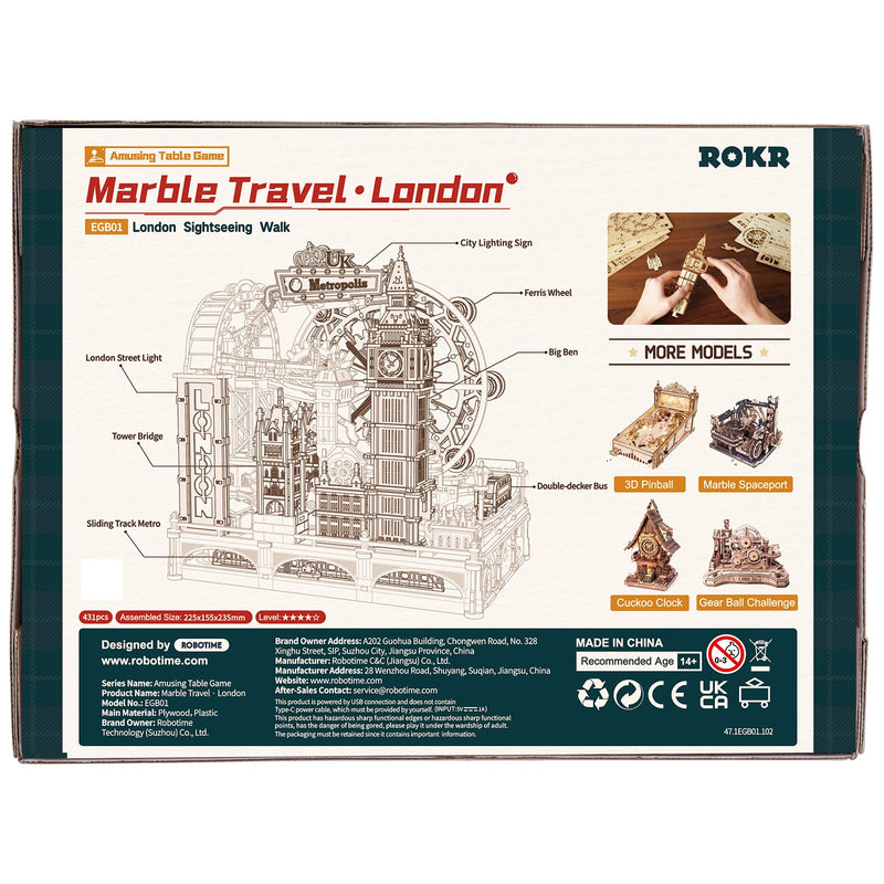 Back of package of the Robotime London Sightseeing Walk, wooden construction kit for a marble run with a London landmarks theme