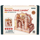 Front of package of the Robotime London Sightseeing Walk, wooden construction kit for a marble run with a London landmarks theme