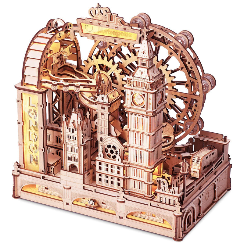 Product photo of the Robotime London Sightseeing Walk, wooden construction kit for a marble run with a London landmarks theme