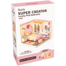 Front of package of the Robotime Lovely Pink Bedroom, plastic miniature house of a cute pink bedroom