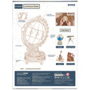 Back of package of the Robotime Luminous Globe, electric, wooden construction kit for a rotating, illuminated globe