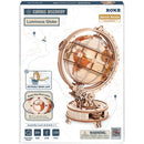 Front of package of the Robotime Luminous Globe, electric, wooden construction kit for a rotating, illuminated globe