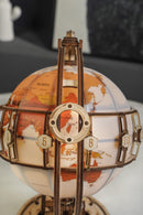 Detail of the magnifying glass on the Robotime Luminous Globe, mechanical wooden model kit of an illuminated globe
