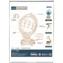Back of package of the Robotime Luminous Globe, mechanical wooden model kit of an illuminated globe