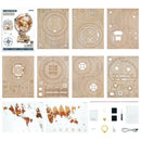 Package contents of the Robotime Luminous Globe, mechanical wooden model kit of an illuminated globe