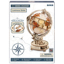 Front of package of the Robotime Luminous Globe, mechanical wooden model kit of an illuminated globe