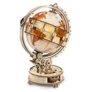 Product photo of the Robotime Luminous Globe, mechanical wooden model kit of an illuminated globe