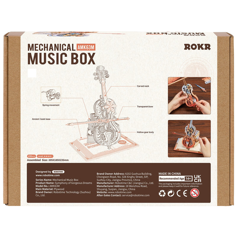 Back of package of the Robotime Magic Cello - Symphony of Gorgeous Dreams, wooden music box construction set of a moving, colored cello