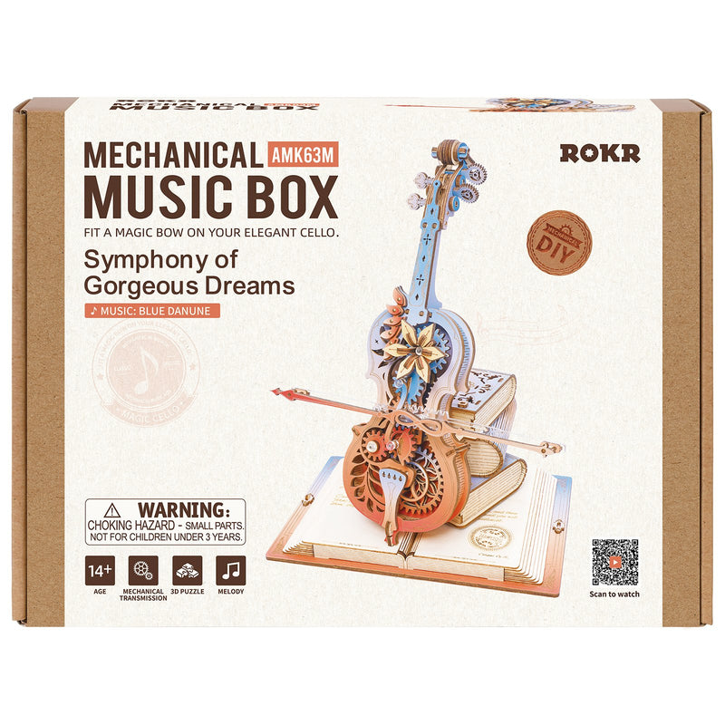 Front of package of the Robotime Magic Cello - Symphony of Gorgeous Dreams, wooden music box construction set of a moving, colored cello
